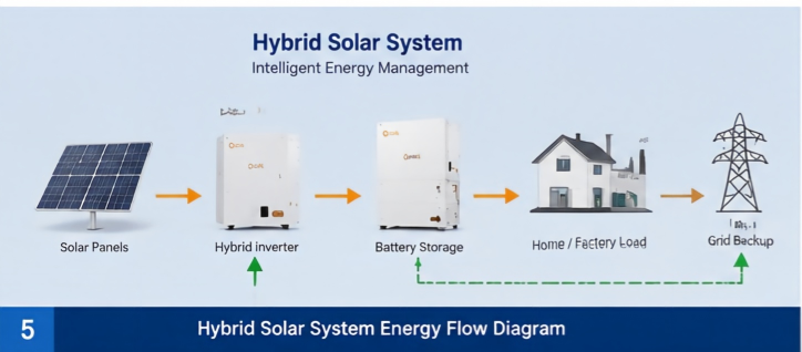 hybrid-solar-system-energy-flow-diagram.jpg Hybrid solar system with inverter battery storage energy flow diagram